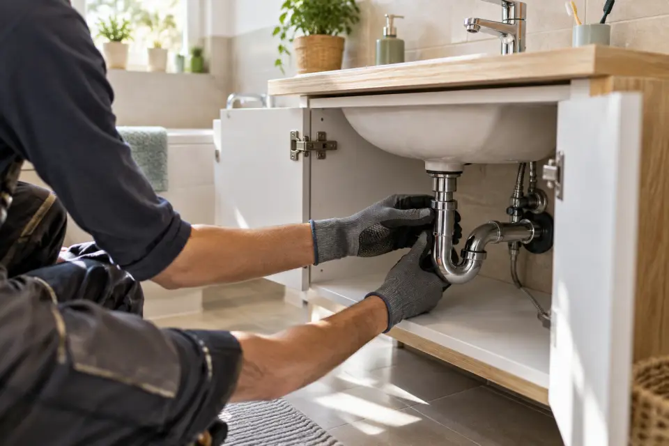 Waschbecken mit geöffnetem Unterschrank und sichtbarem Siphon zur Kontrolle des Abflusses