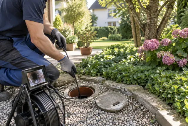 Kamerakopf zur Untersuchung einer geöffneten Hausanschlussleitung neben einem bepflanzten Garten